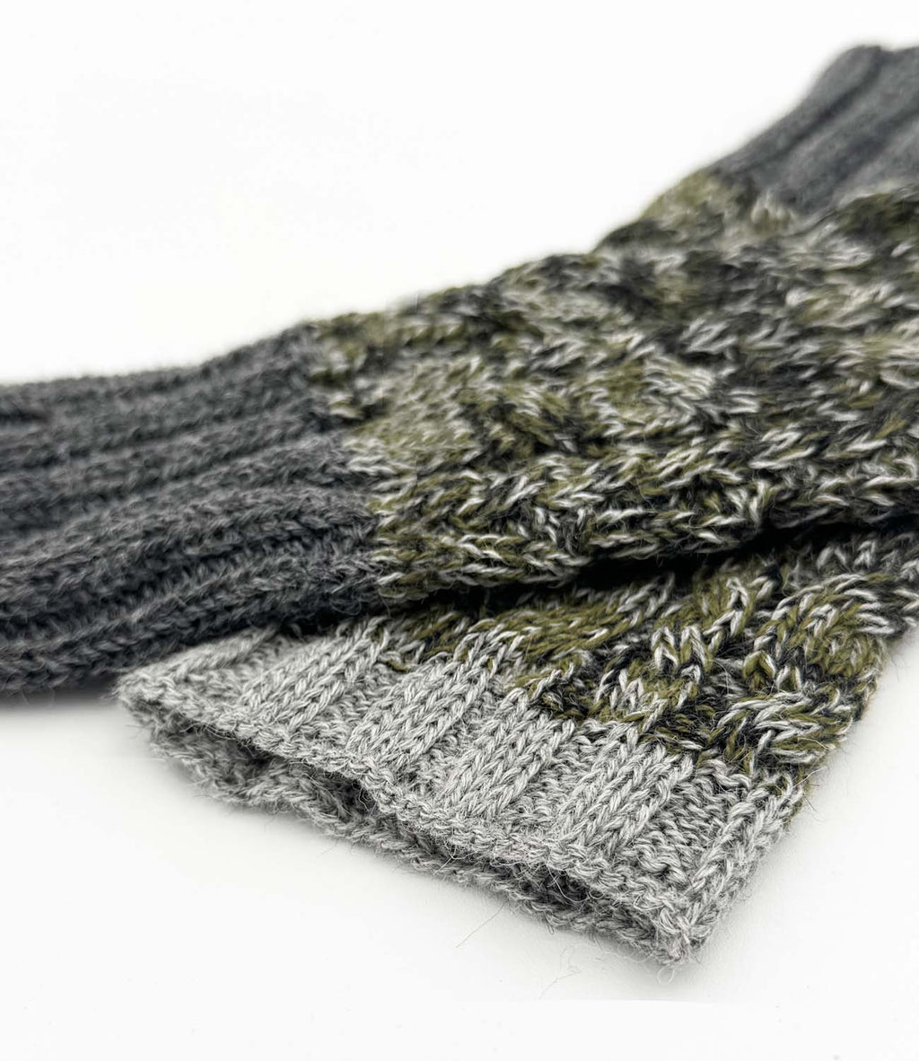 Sage alpaca gloves with mossy green cable-braid, Shupaca