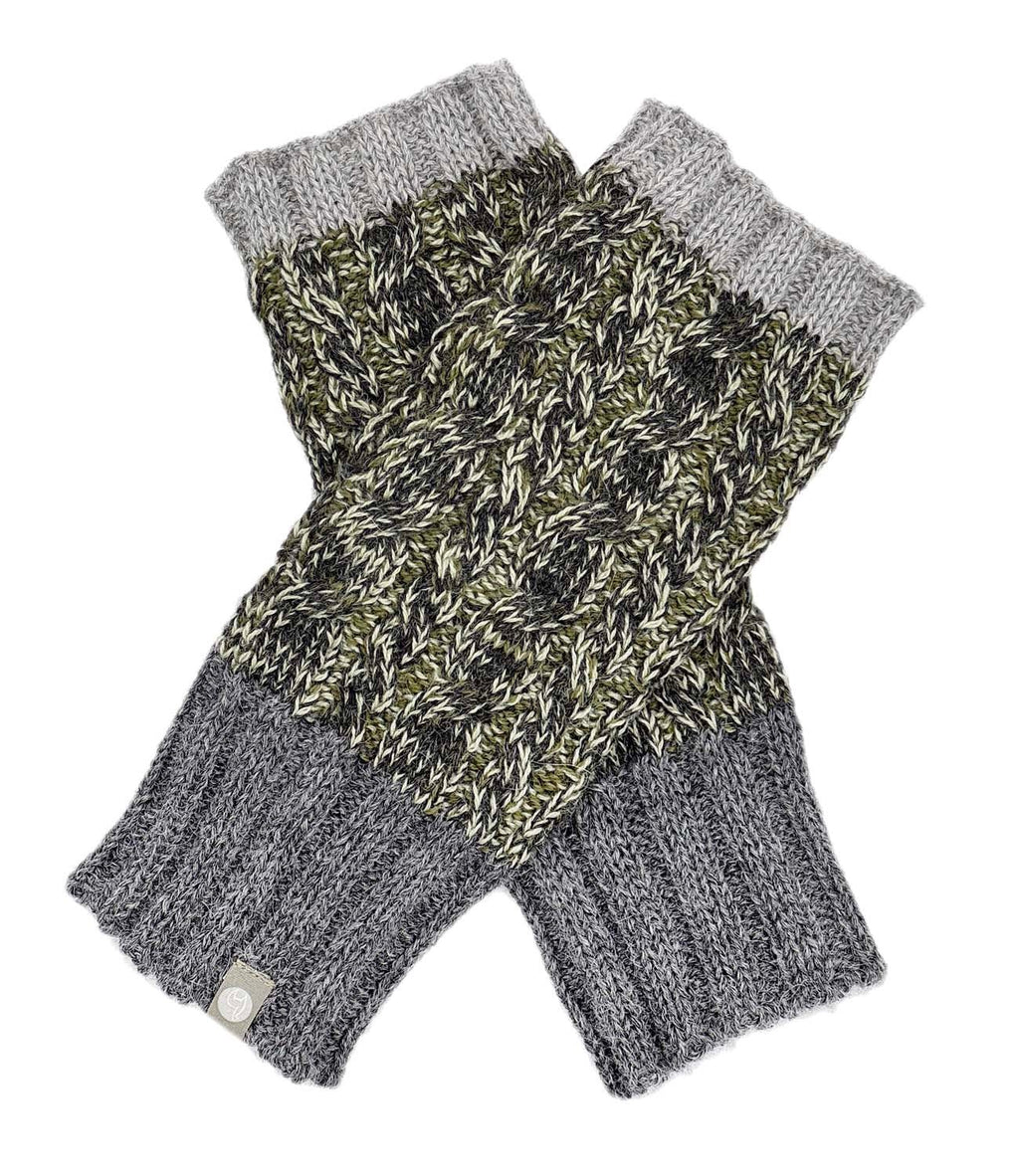 Sage alpaca gloves with mossy green cable-braid, Shupaca