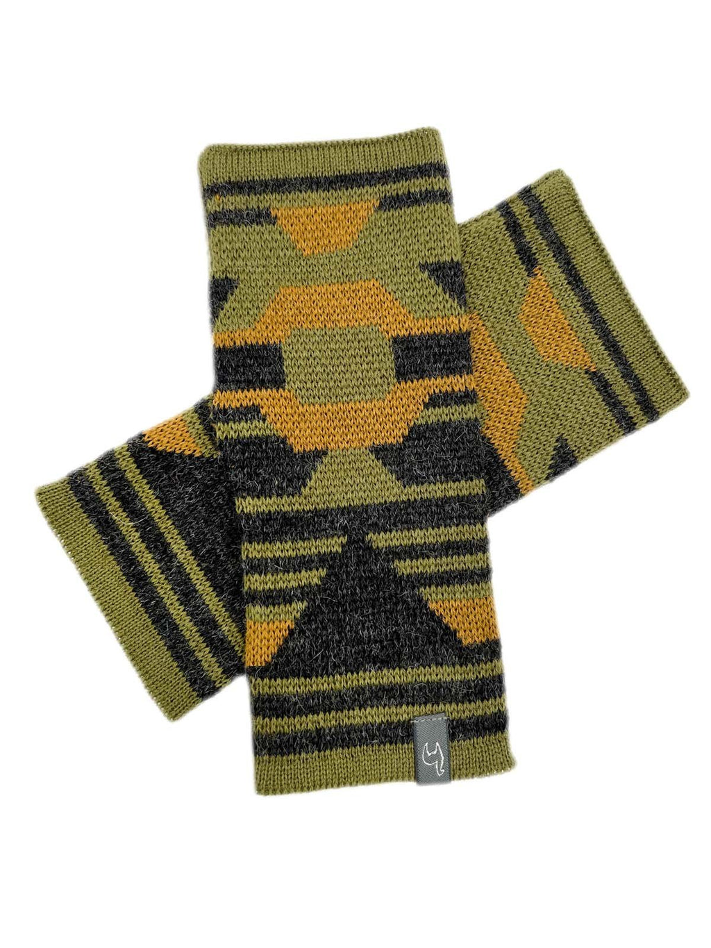 Olive alpaca gloves with geometric Incan pattern, Shupaca