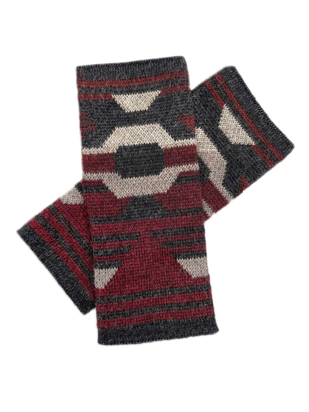 Wine alpaca gloves with geometric Incan pattern, Shupaca