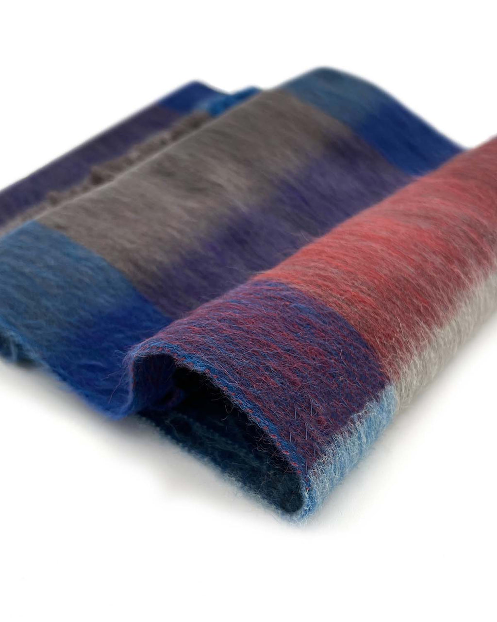 Gray alpaca plaid scarf in Equinox with ocean blue and garnet accents, Shupaca