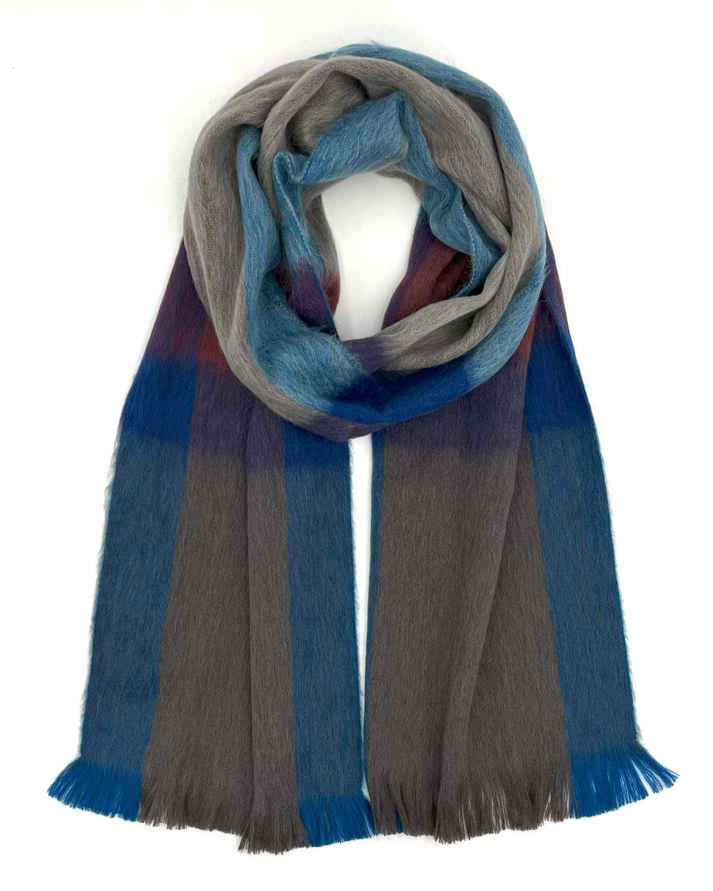 Gray alpaca plaid scarf in Equinox with ocean blue and garnet accents, Shupaca