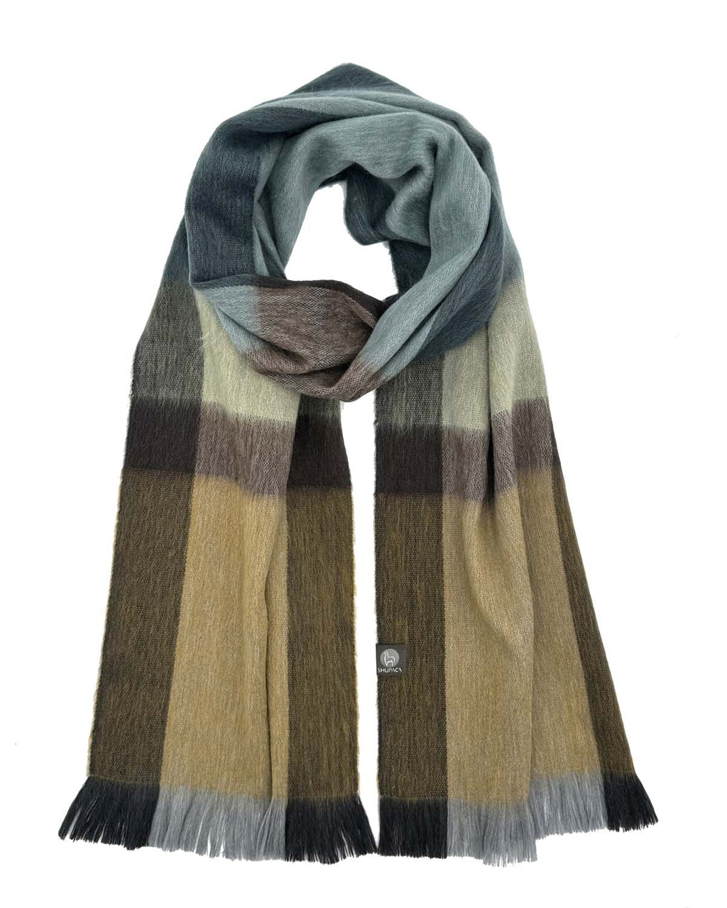 Golden Coast alpaca plaid scarf with sand, olive, and charcoal gradient, Shupaca