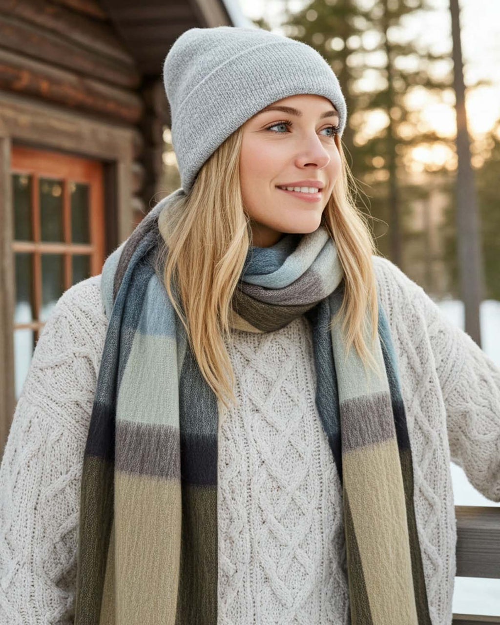 Golden Coast alpaca plaid scarf with sand, olive, and charcoal gradient, Shupaca
