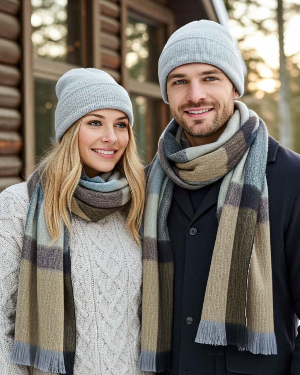 Golden Coast alpaca plaid scarf with sand, olive, and charcoal gradient, Shupaca