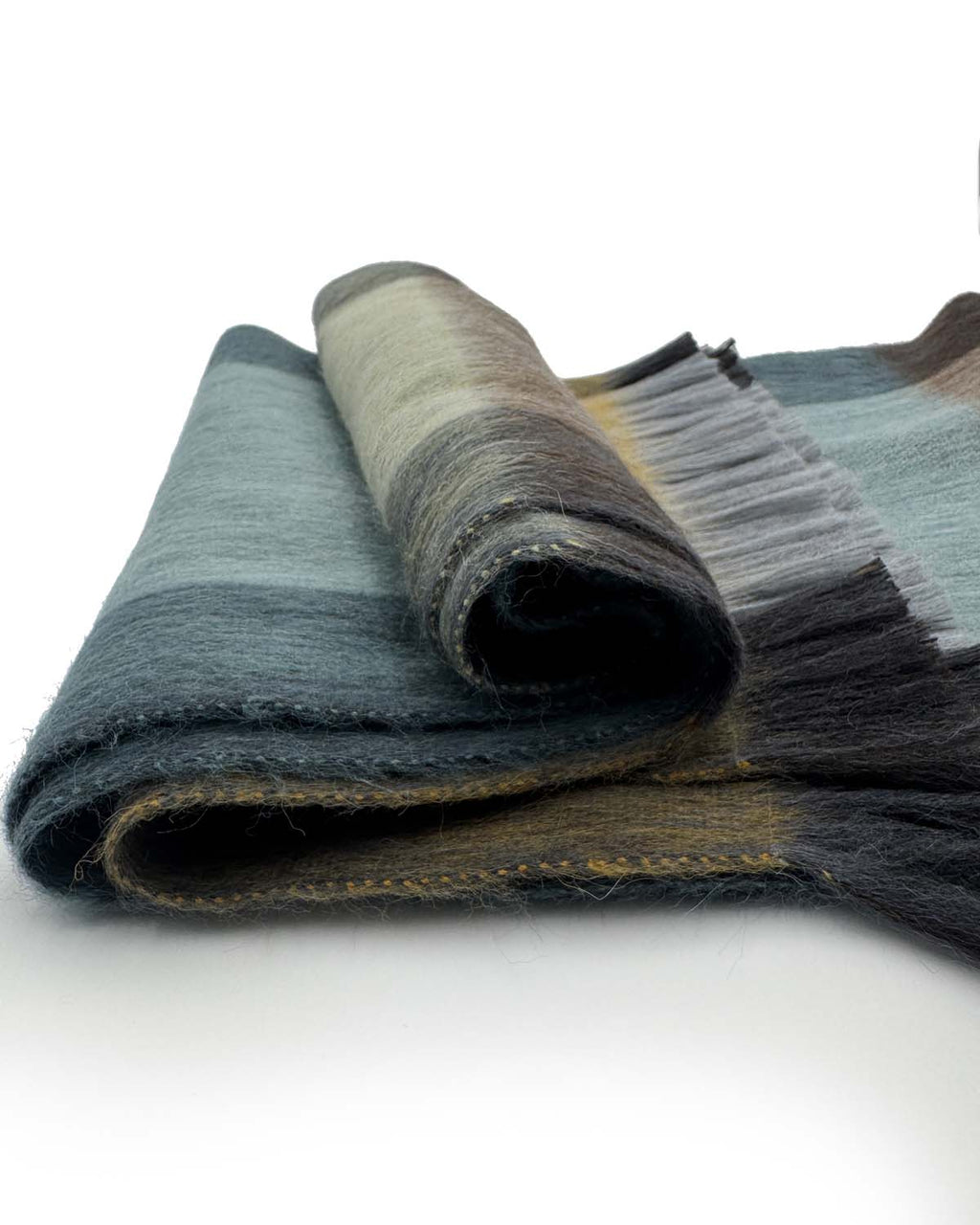 Golden Coast alpaca plaid scarf with sand, olive, and charcoal gradient, Shupaca