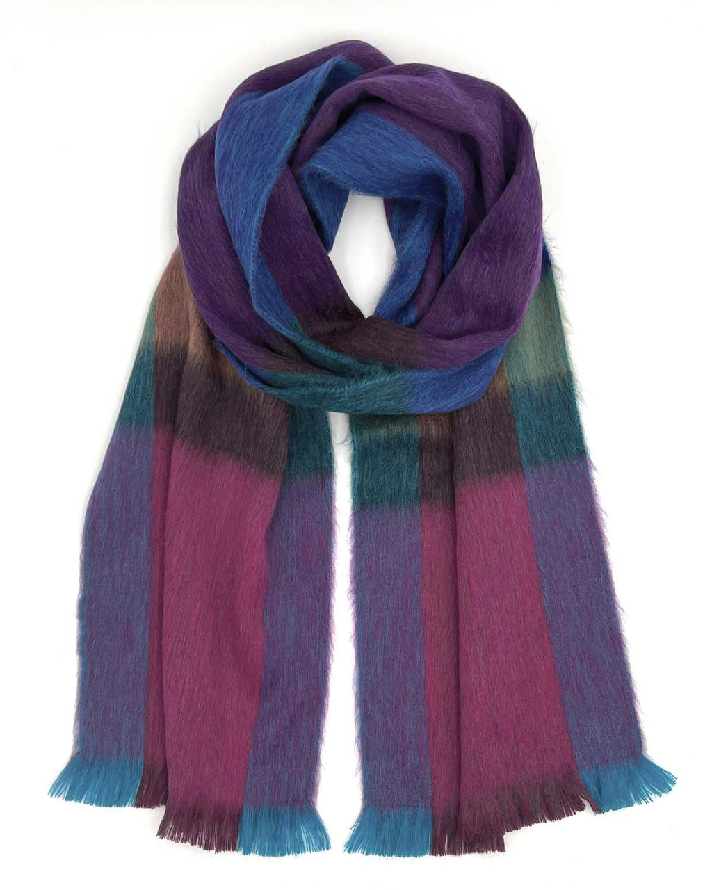Purple alpaca plaid scarf in Grapevine with berry pink and teal, Shupaca