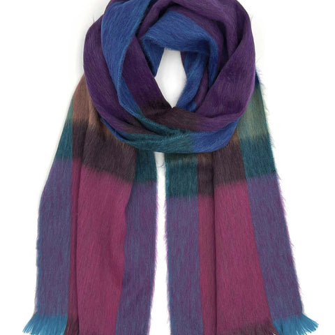 Purple alpaca plaid scarf in Grapevine with berry pink and teal, Shupaca
