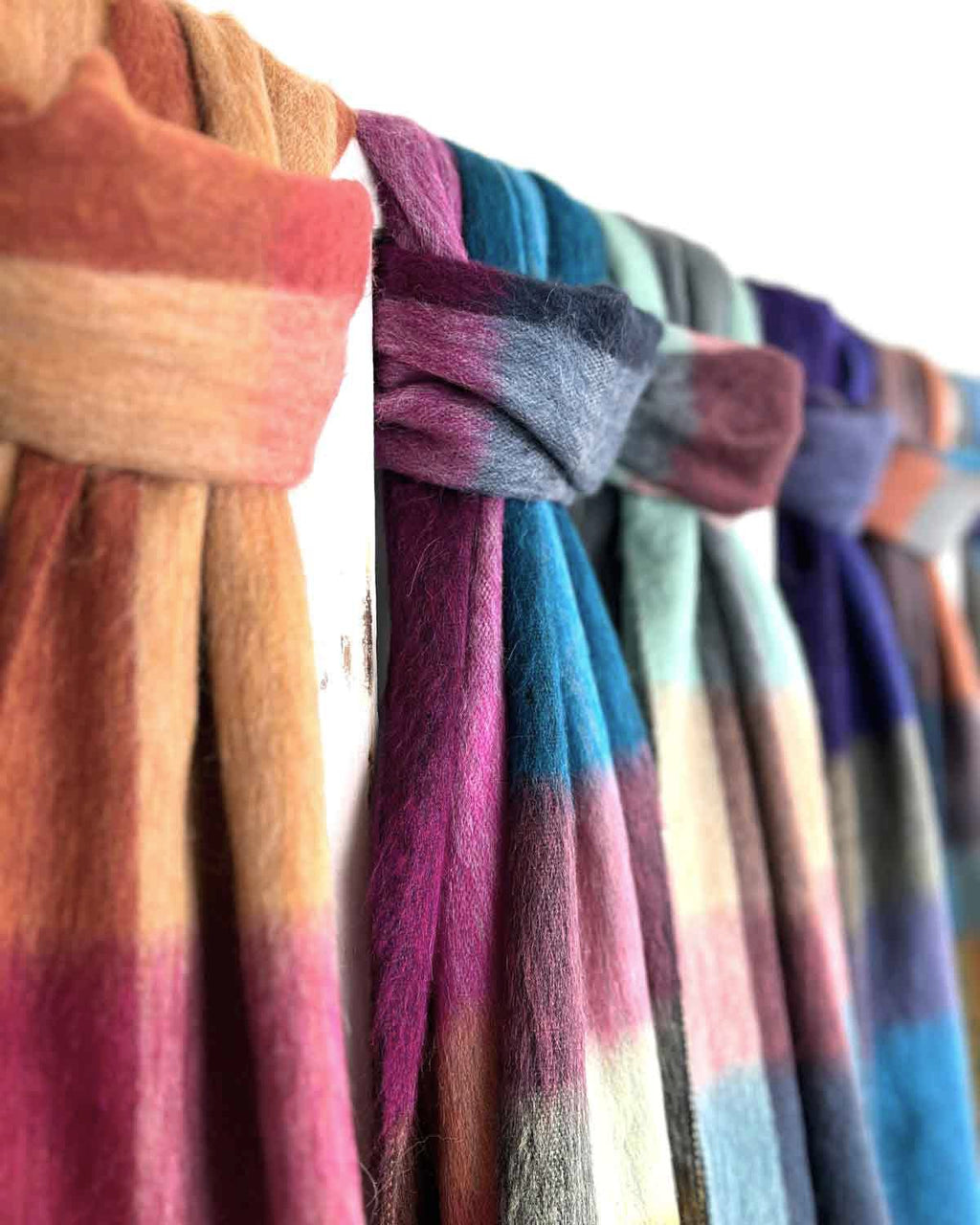 Purple alpaca plaid scarf in Grapevine with berry pink and teal, Shupaca