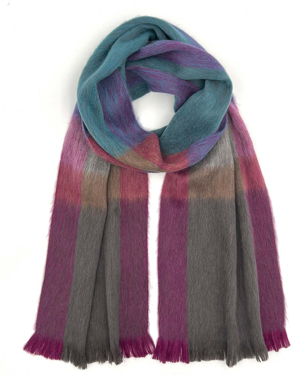 Turquoise alpaca plaid scarf in Kaleidoscope with amethyst and clay pink, Shupaca