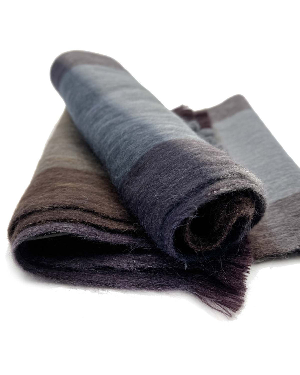 Mocha alpaca plaid scarf with plum and taupe tones, handmade by Shupaca