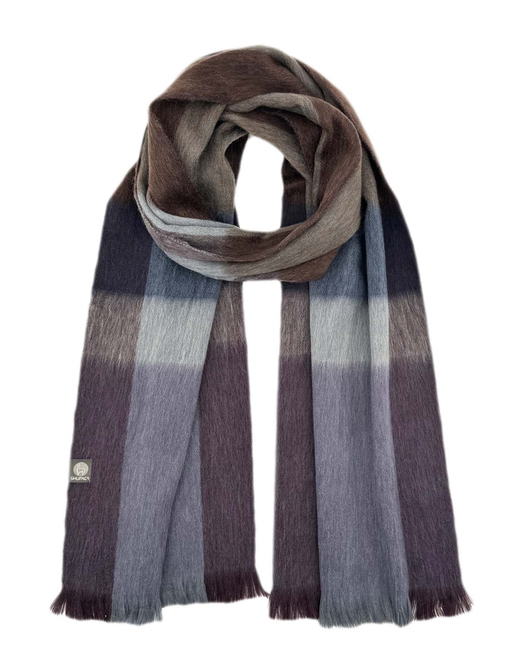 Mocha alpaca plaid scarf with plum and taupe tones, handmade by Shupaca
