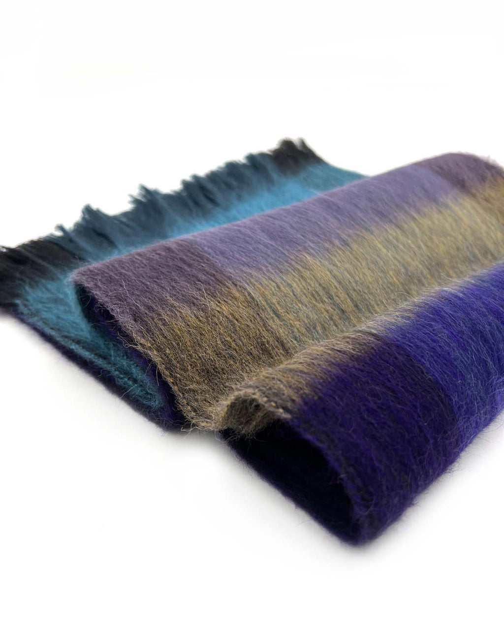 Teal alpaca plaid scarf in Nightfall with violet and olive gradient, Shupaca