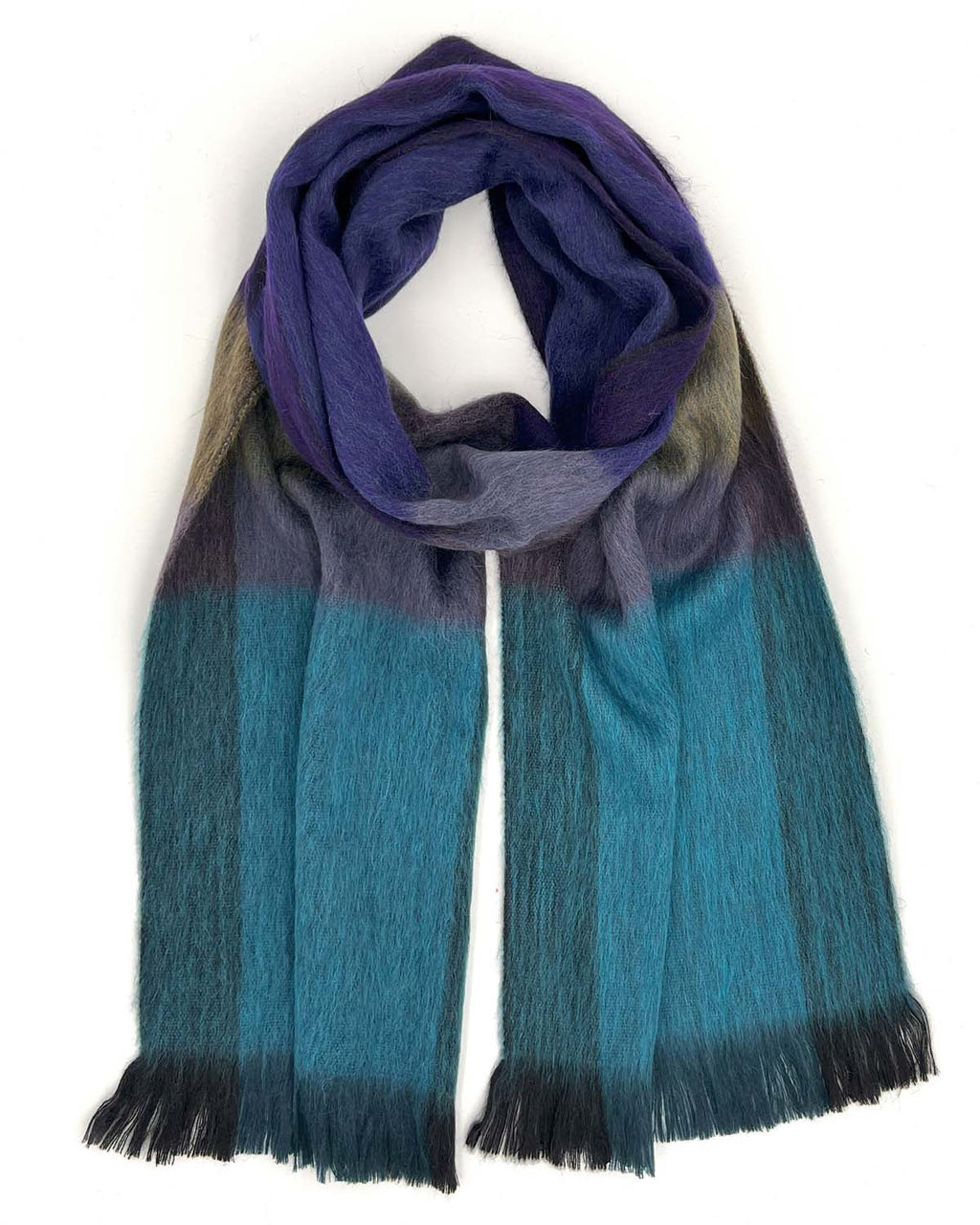 Teal alpaca plaid scarf in Nightfall with violet and olive gradient, Shupaca