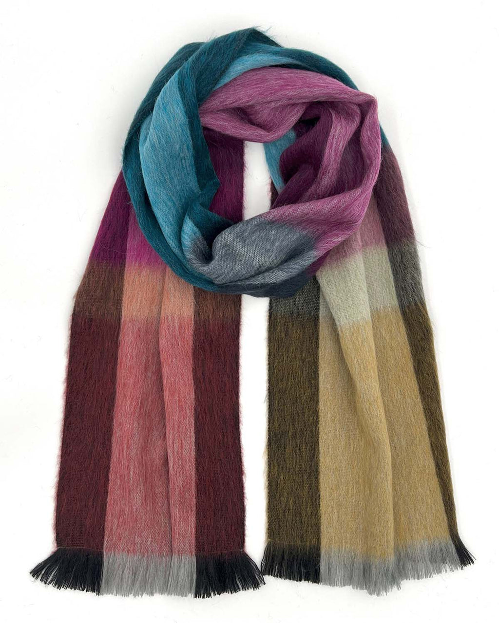 Teal alpaca plaid scarf in Rainbow with berry pink and cinnamon color blocks, Shupaca