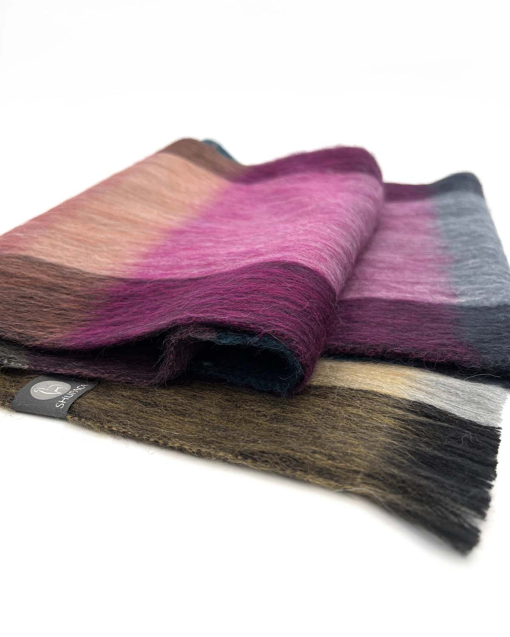 Teal alpaca plaid scarf in Rainbow with berry pink and cinnamon color blocks, Shupaca