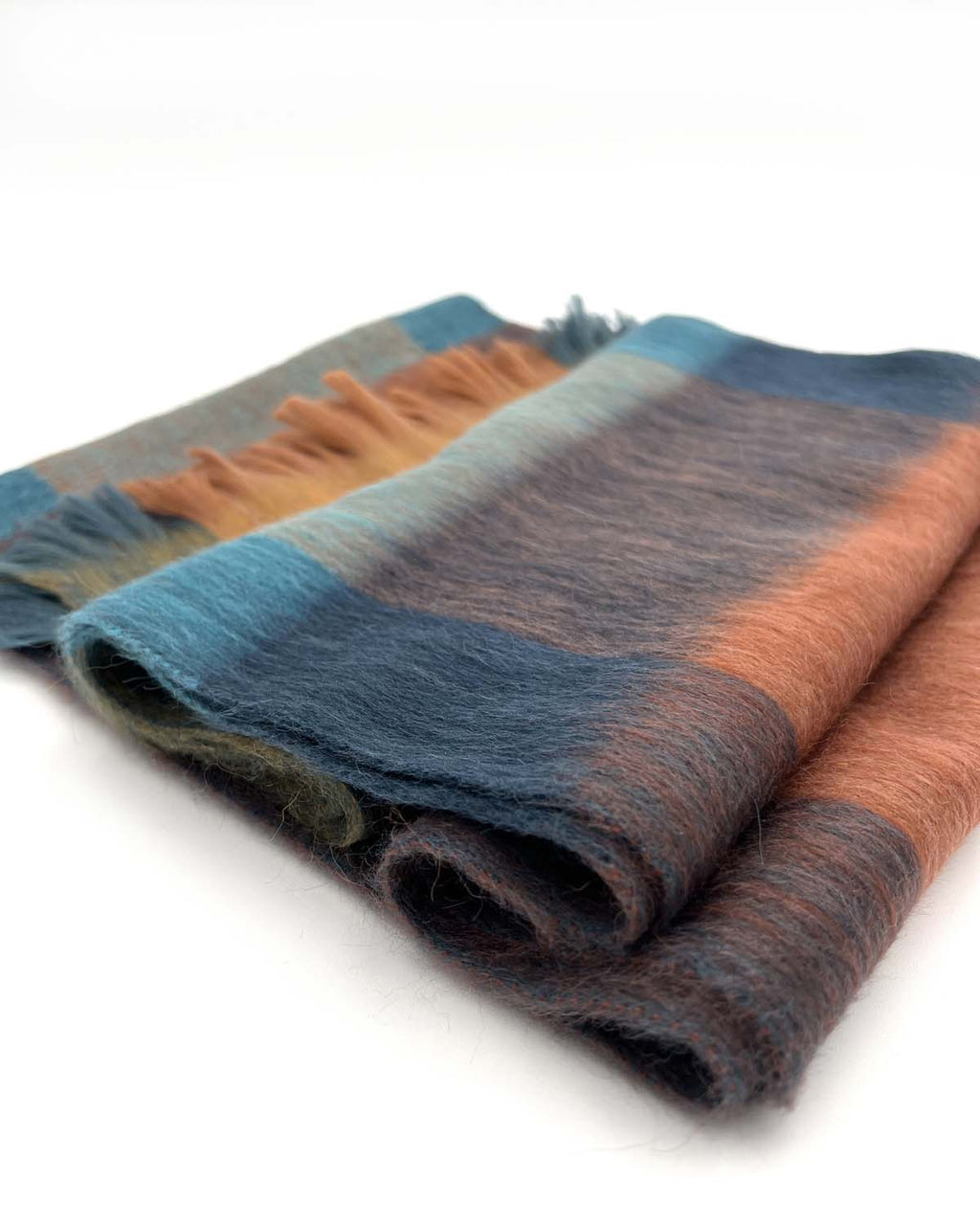 Camel alpaca plaid scarf in Rustic Dune with teal and olive tones, Shupaca
