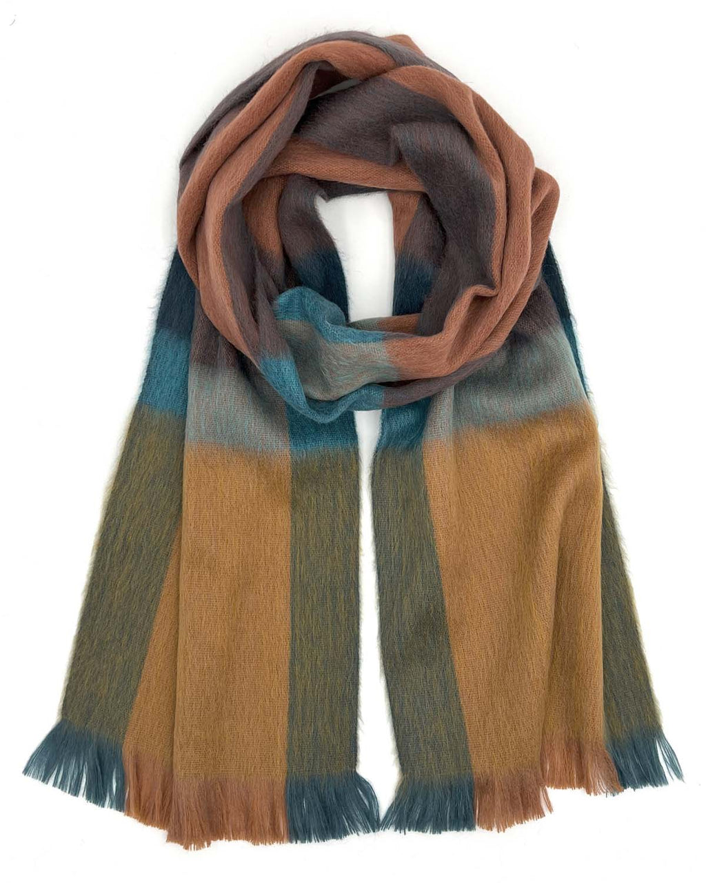 Camel alpaca plaid scarf in Rustic Dune with teal and olive tones, Shupaca