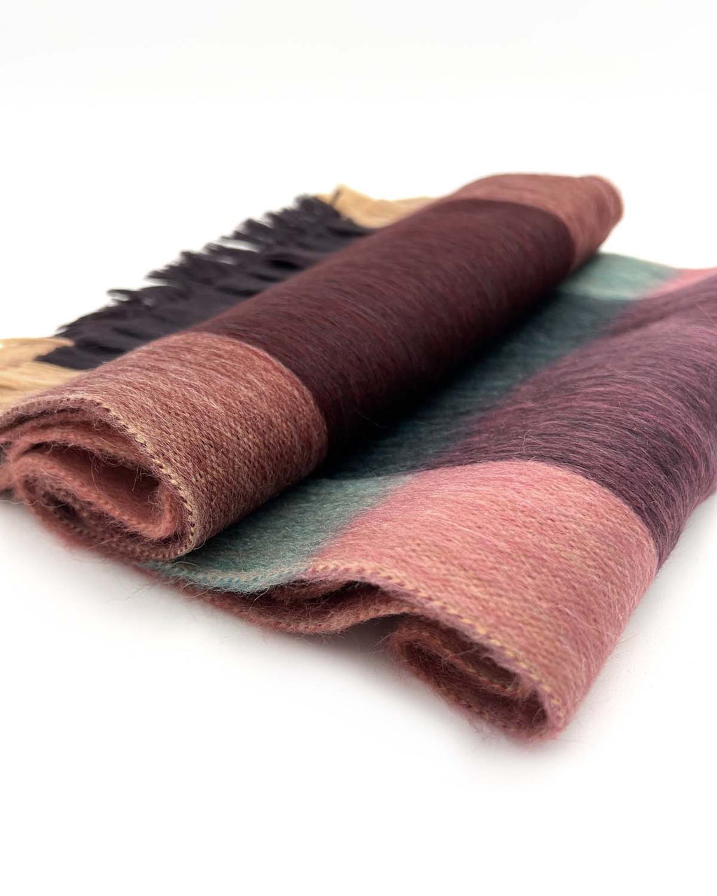 Wine alpaca plaid scarf in Sangria with copper and coral stripes, Shupaca