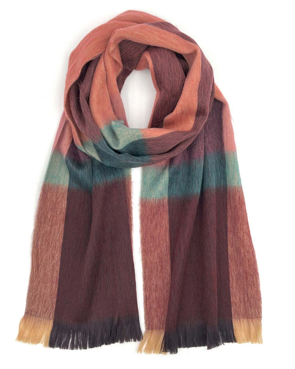 Wine alpaca plaid scarf in Sangria with copper and coral stripes, Shupaca