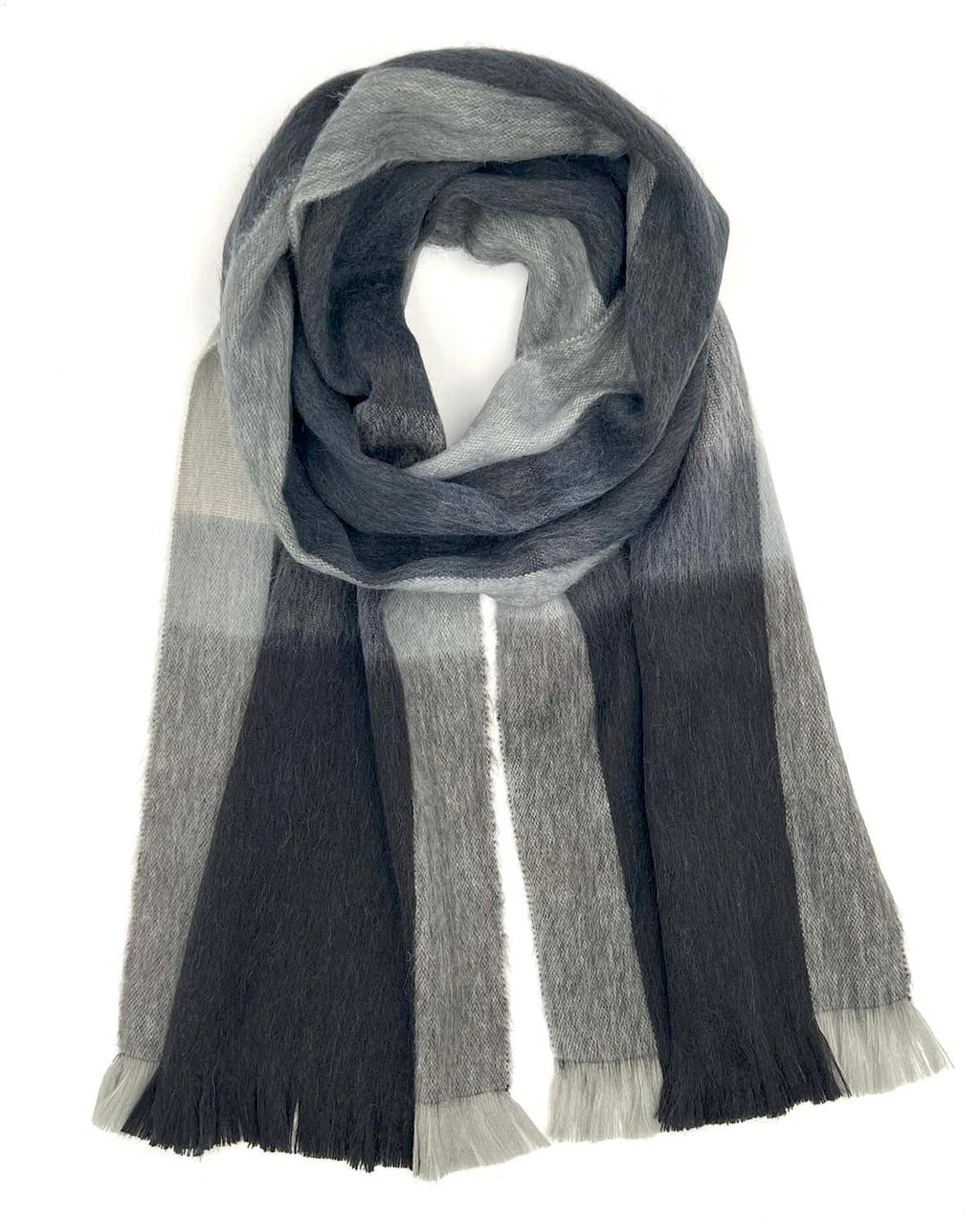 Charcoal alpaca plaid scarf in Steel with ash grey and silver mist, Shupaca