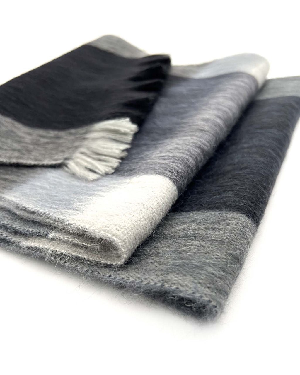 Charcoal alpaca plaid scarf in Steel with ash grey and silver mist, Shupaca