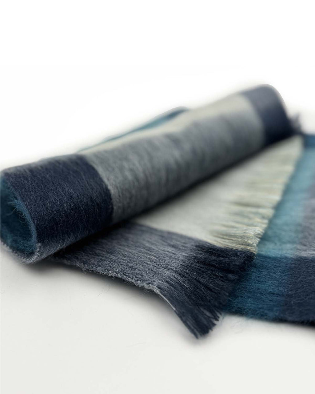 Teal alpaca plaid scarf in Summit with mountain grey and cream, Shupaca