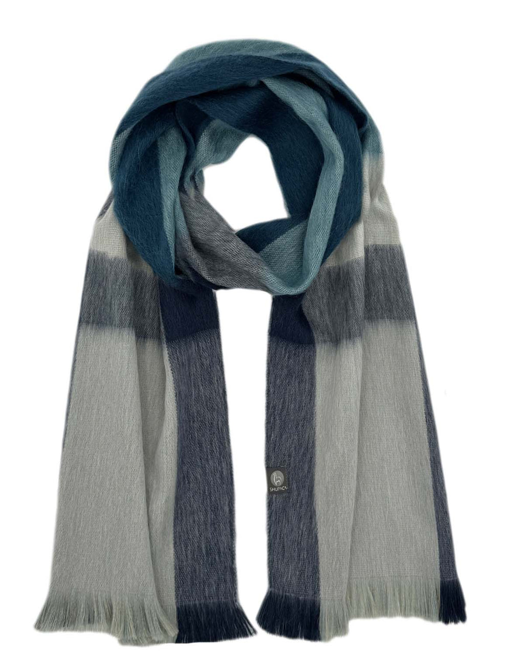 Teal alpaca plaid scarf in Summit with mountain grey and cream, Shupaca