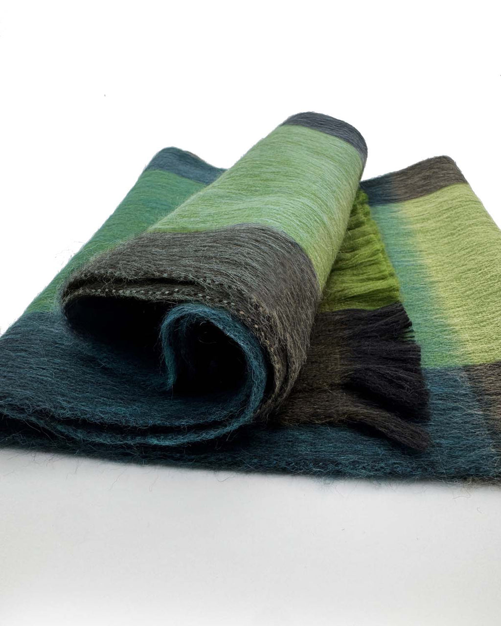 Emerald green alpaca plaid scarf in Tidepool with seafoam accents, Shupaca