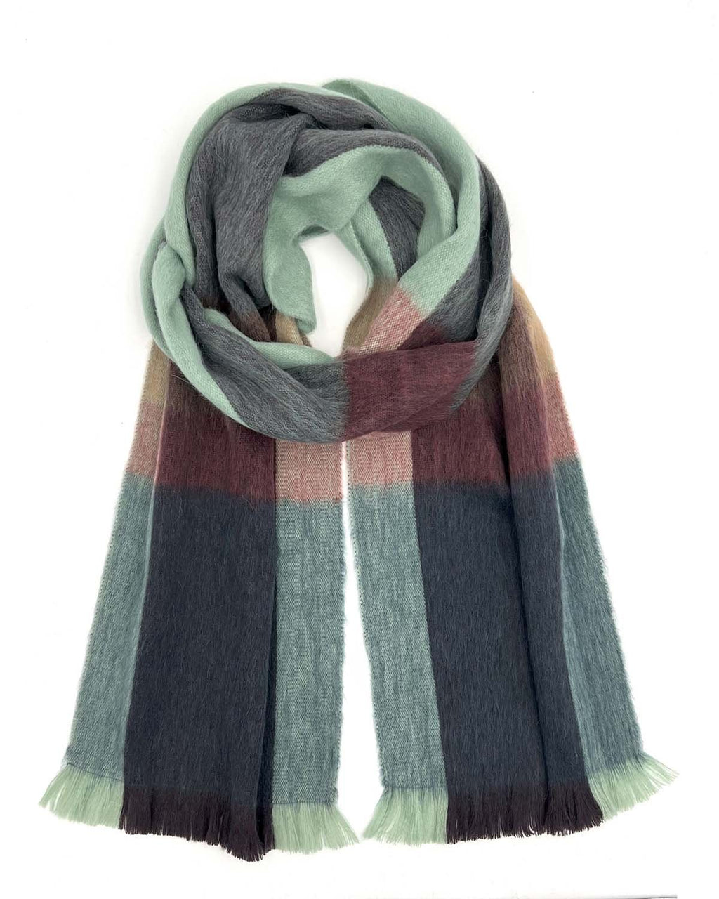 Mint green alpaca plaid scarf in Twilight with slate and dusty rose tones, Shupaca