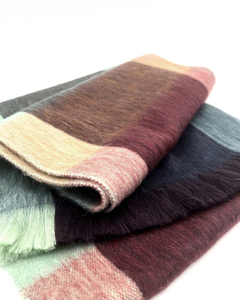 Mint green alpaca plaid scarf in Twilight with slate and dusty rose tones, Shupaca