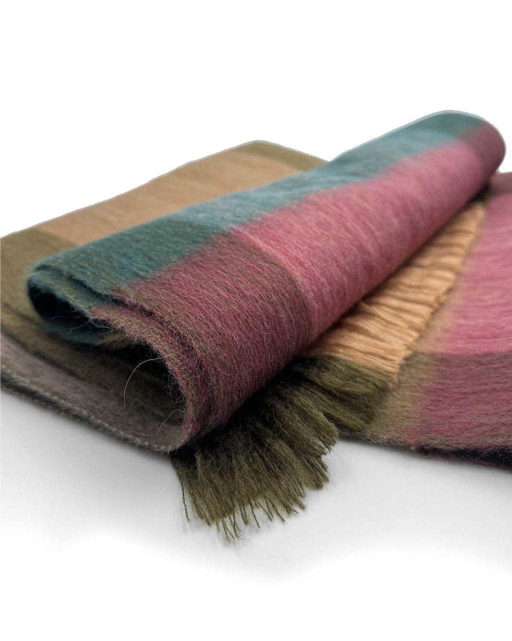 Dusty rose alpaca plaid scarf in Wildrose with coral and cocoa, Shupaca