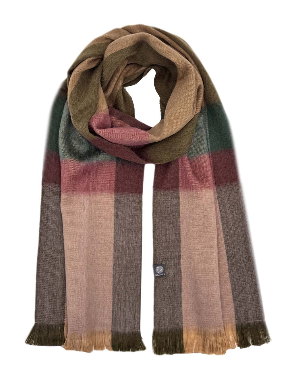 Dusty rose alpaca plaid scarf in Wildrose with coral and cocoa, Shupaca