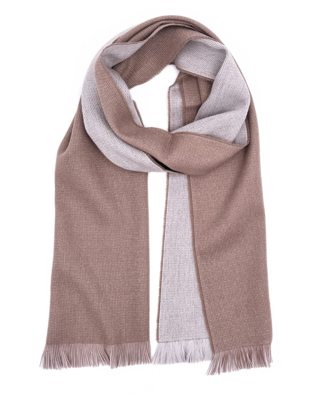 Taupe alpaca reversible scarf in Seashore colorway with oyster grey reverse, Shupaca