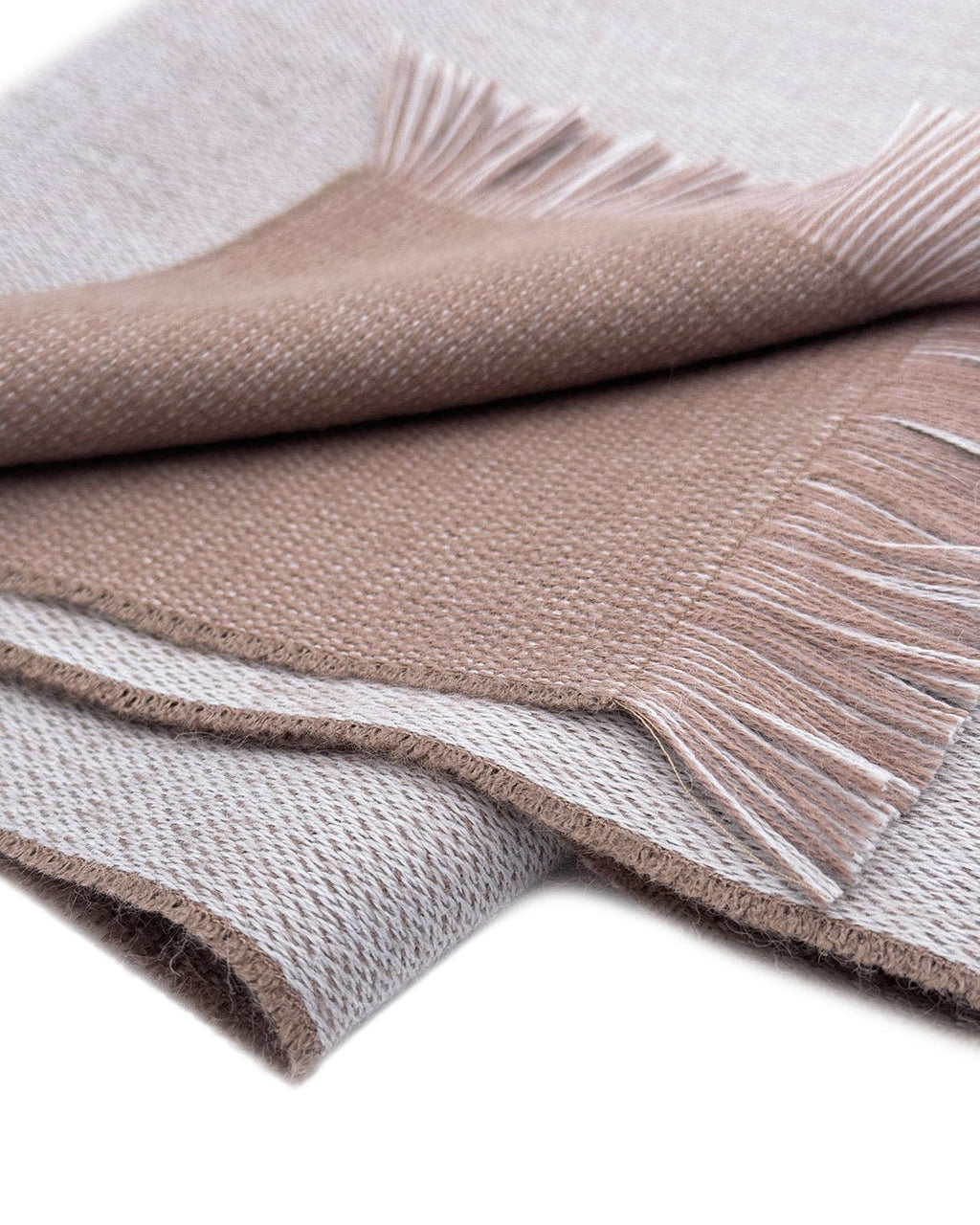 Taupe alpaca reversible scarf in Seashore colorway with oyster grey reverse, Shupaca