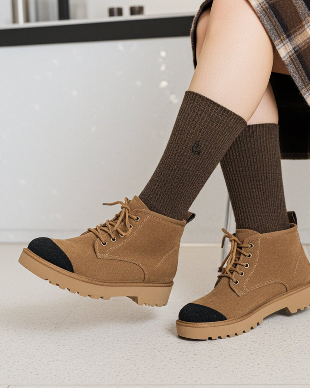 Brown alpaca business socks in Cafe with charcoal tones, Shupaca