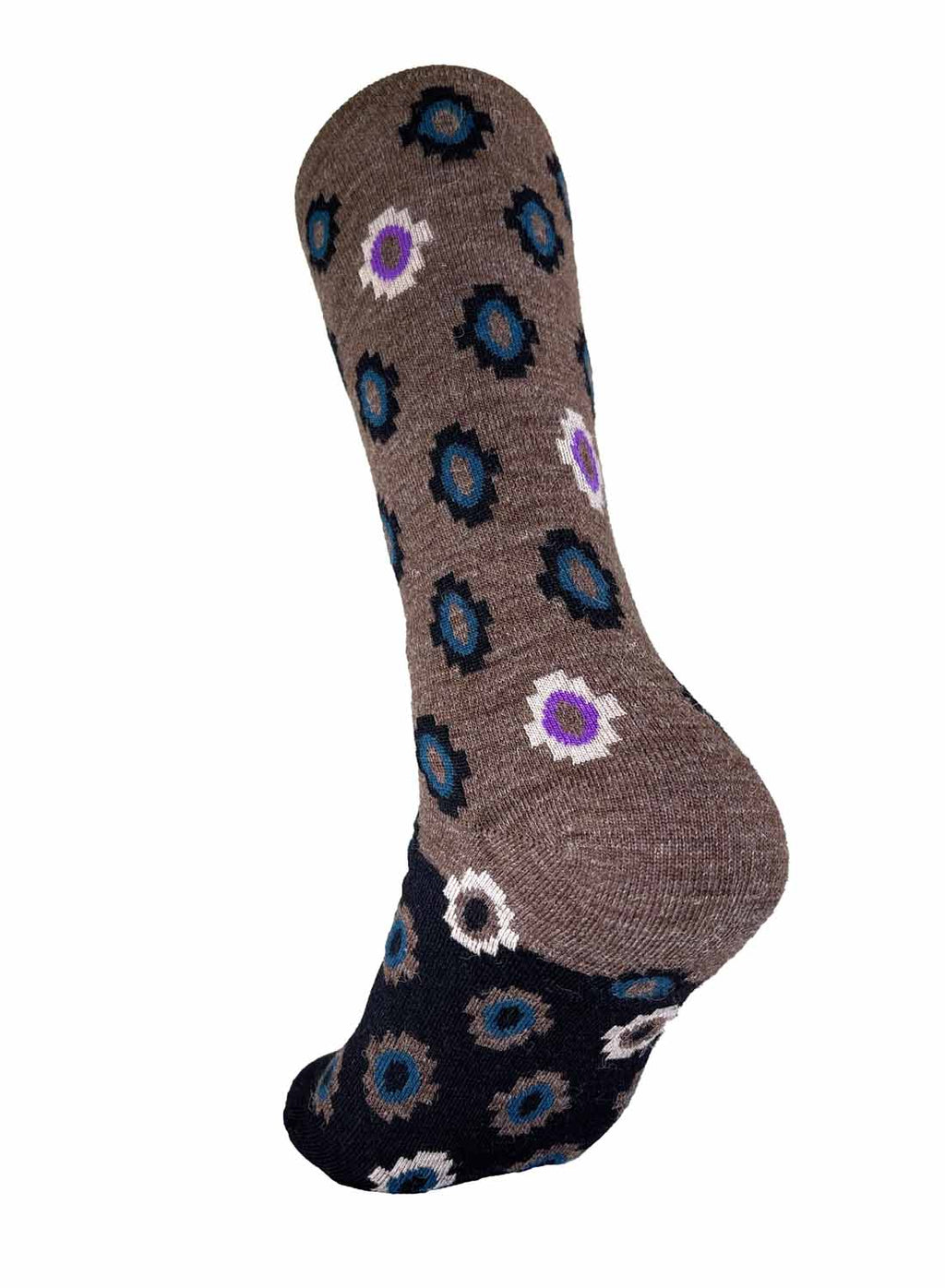Rich brown alpaca socks in Mahogany with teal and indigo accents, Shupaca
