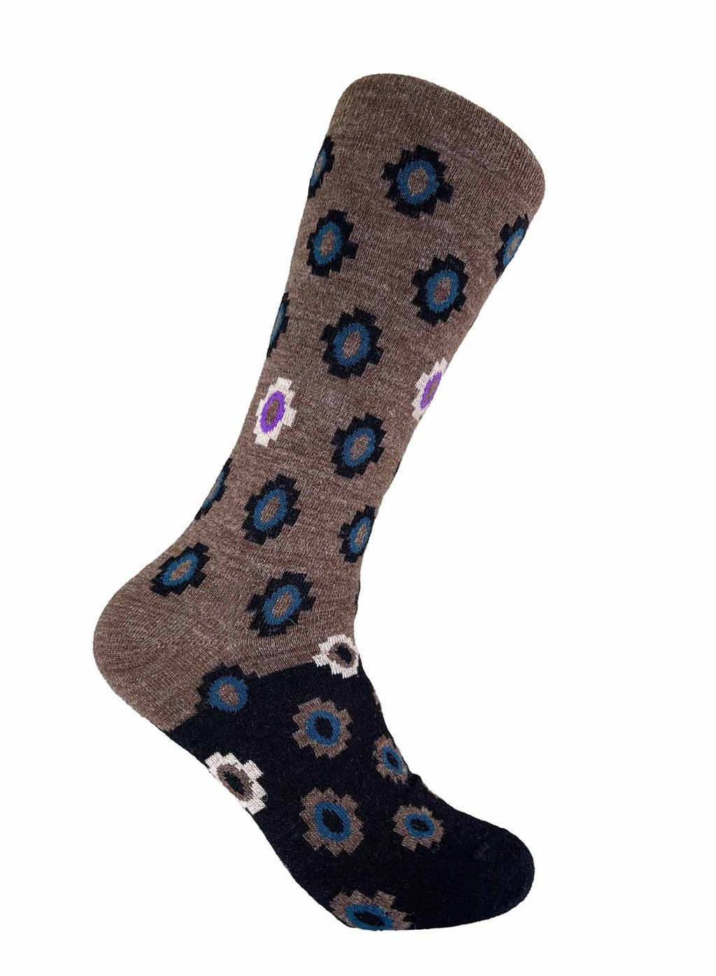 Rich brown alpaca socks in Mahogany with teal and indigo accents, Shupaca