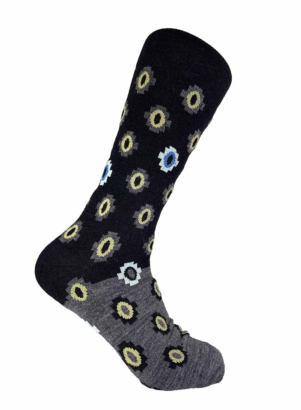 Black alpaca socks in Onyx with Incan-inspired sage and blue motifs, Shupaca