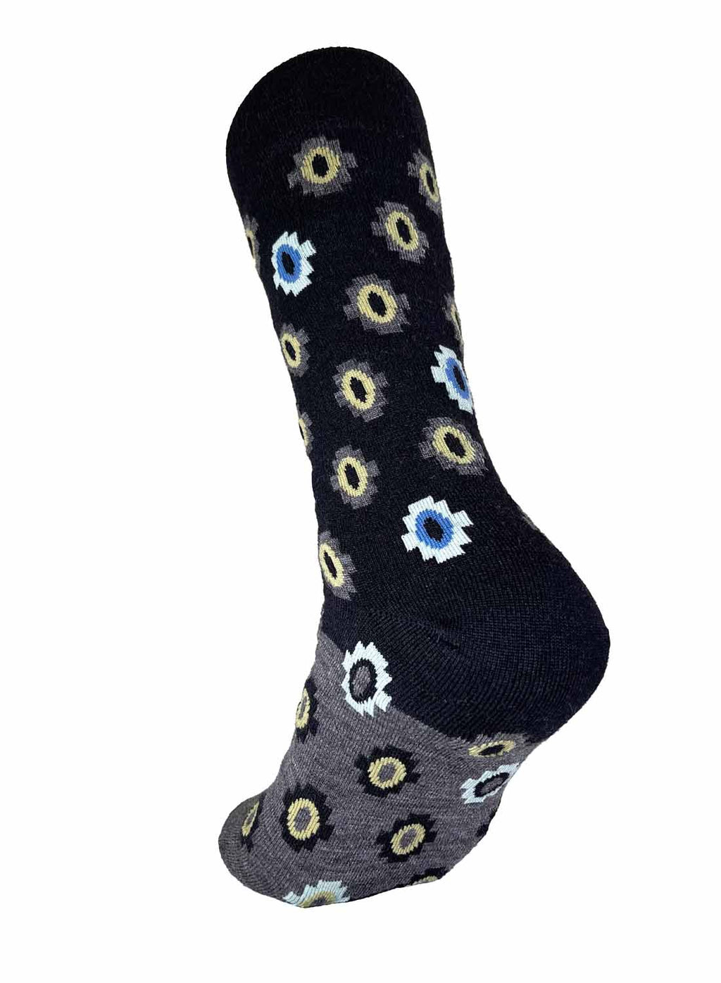 Black alpaca socks in Onyx with Incan-inspired sage and blue motifs, Shupaca