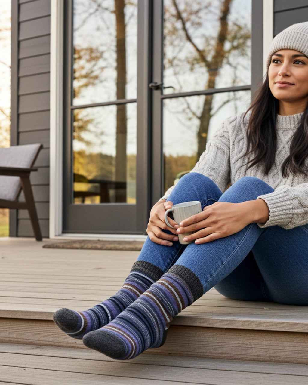 Purple alpaca striped socks in Dahlia with navy and brown stripes, Shupaca