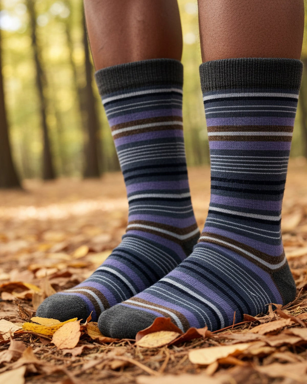 Purple alpaca striped socks in Dahlia with navy and brown stripes, Shupaca