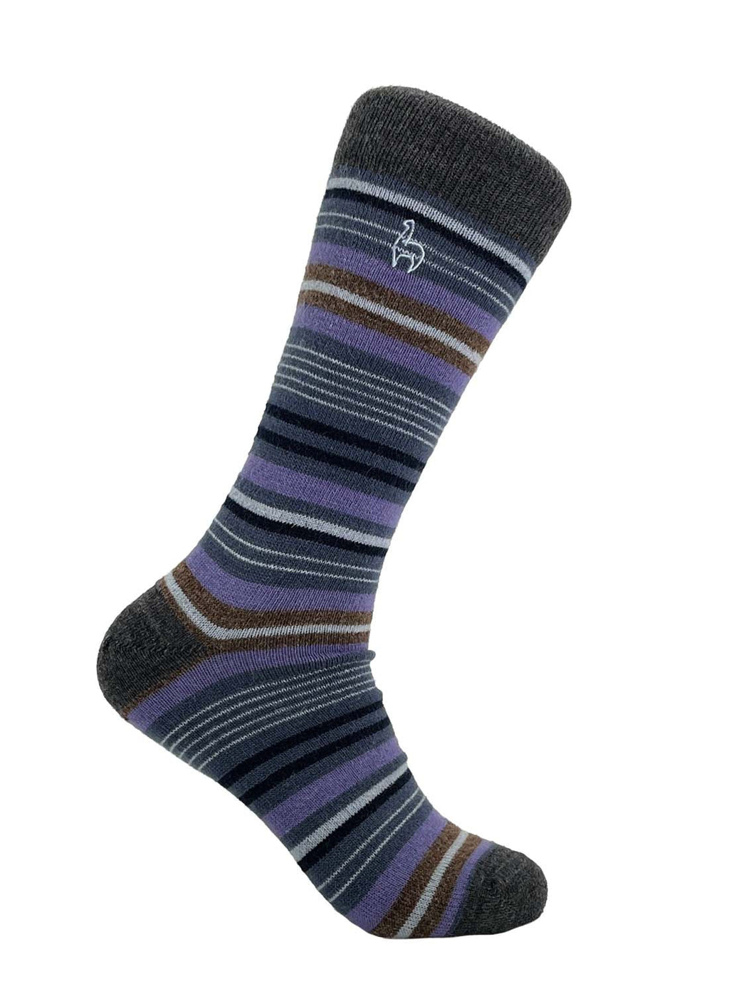 Purple alpaca striped socks in Dahlia with navy and brown stripes, Shupaca