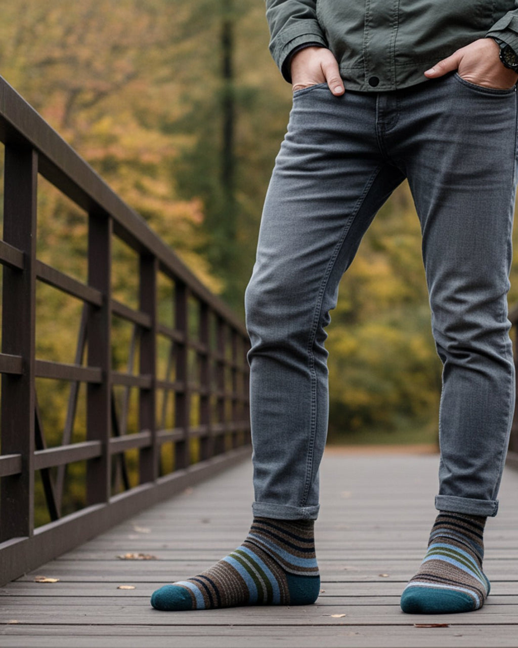 Blue alpaca socks in Riverun with green and brown stripes, Shupaca
