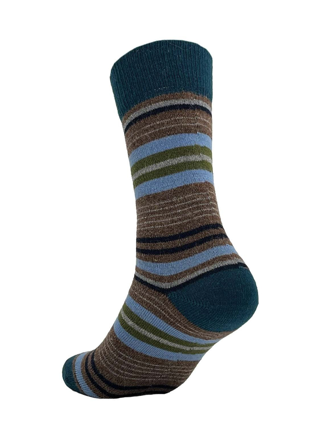 Blue alpaca socks in Riverun with green and brown stripes, Shupaca