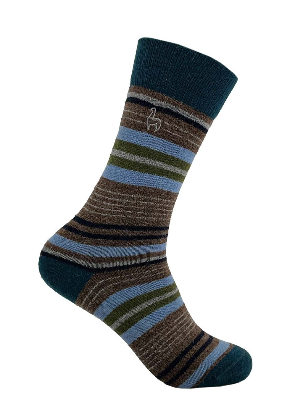 Blue alpaca socks in Riverun with green and brown stripes, Shupaca