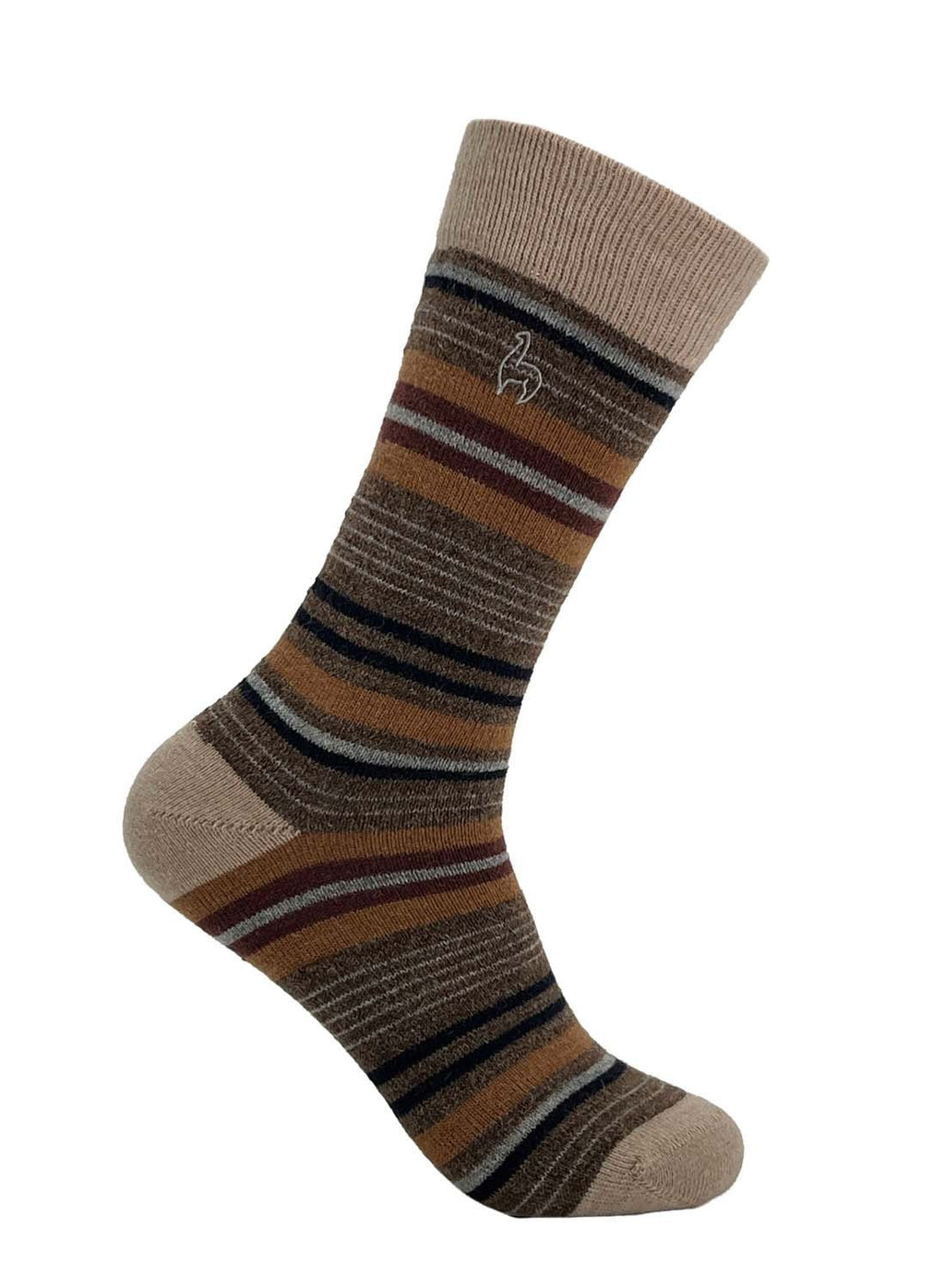 Camel alpaca striped socks in Tierra with chocolate and merlot, Shupaca