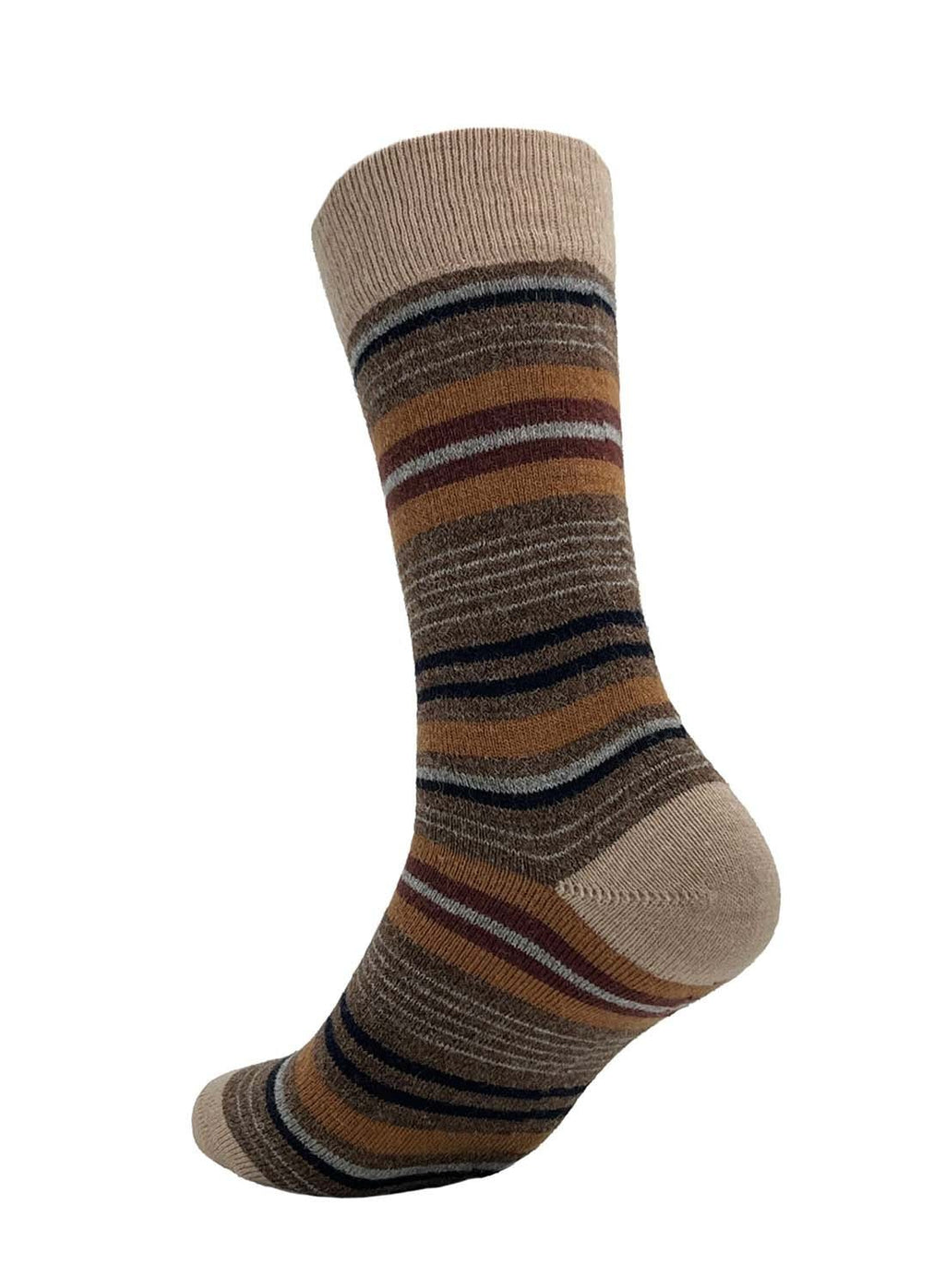 Camel alpaca striped socks in Tierra with chocolate and merlot, Shupaca