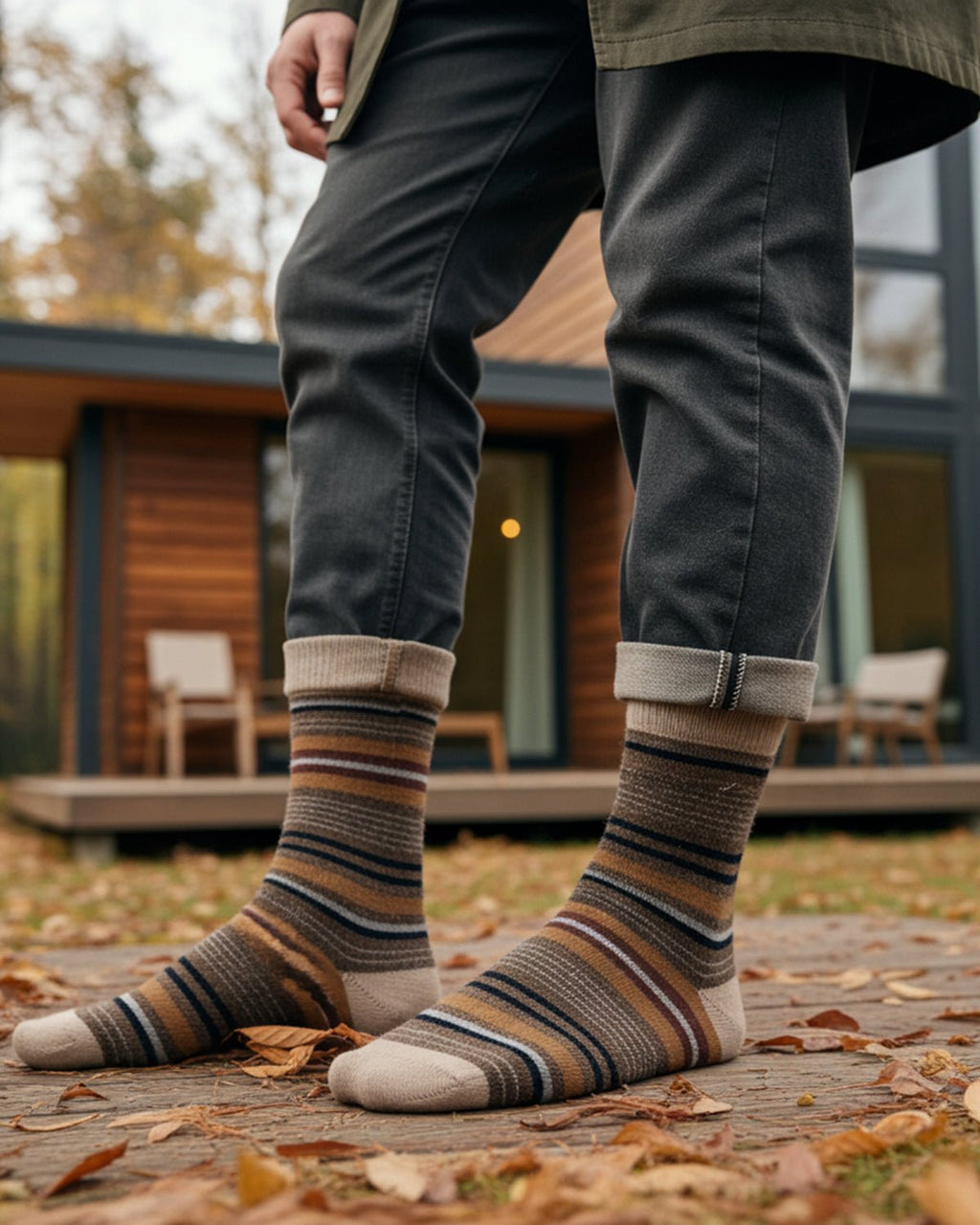 Camel alpaca striped socks in Tierra with chocolate and merlot, Shupaca