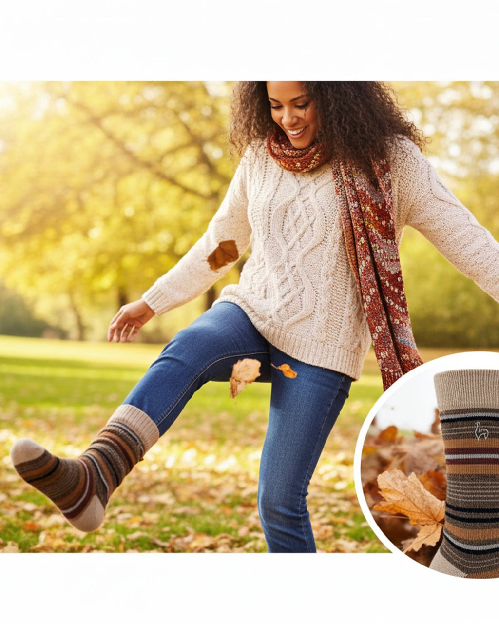 Camel alpaca striped socks in Tierra with chocolate and merlot, Shupaca